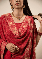 Red Hand Embroidered Saree with Zari & Mukaish Work