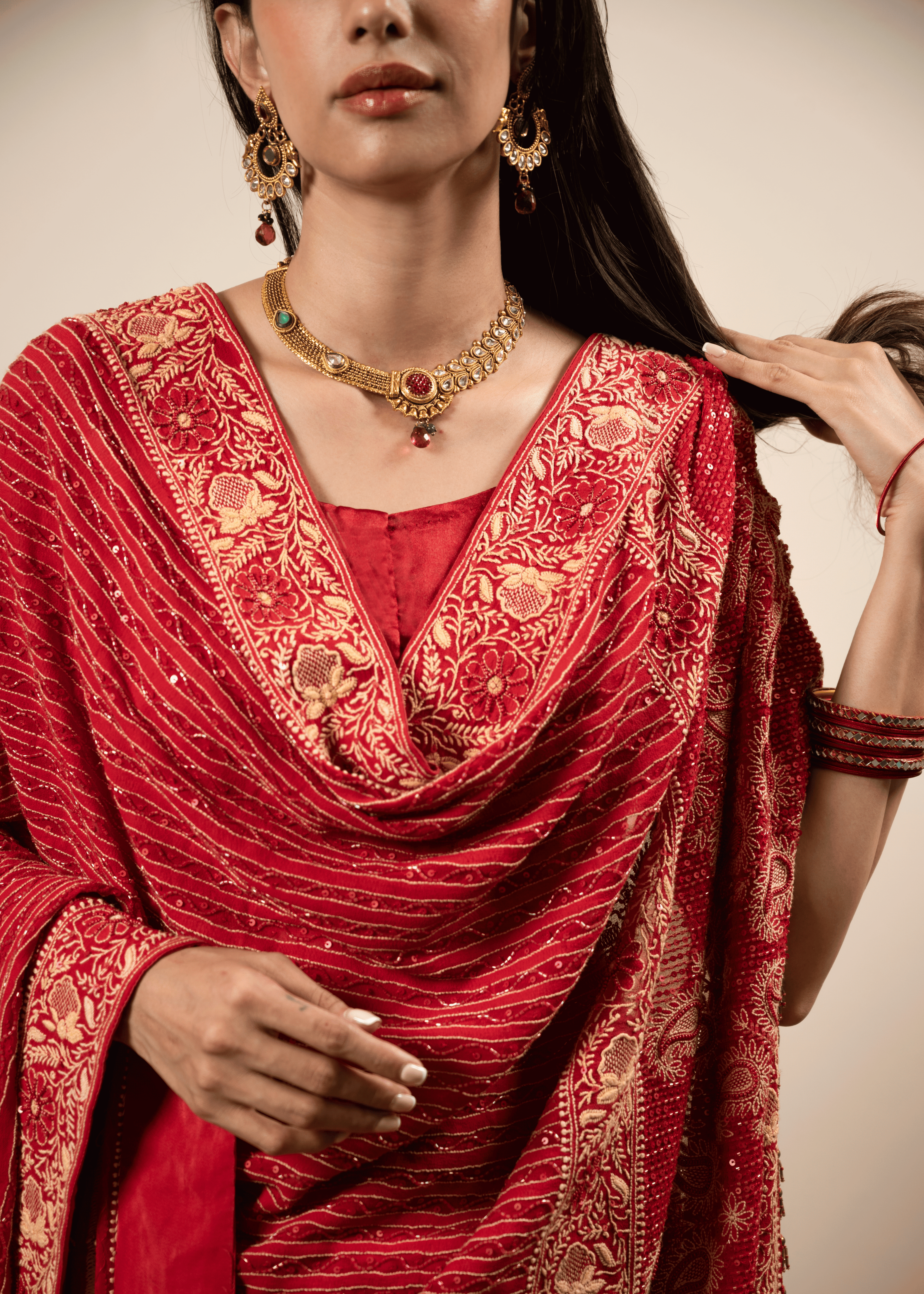 Red Hand Embroidered Saree with Zari & Mukaish Work