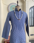 Men’s Dark Blue Chikankari Kurta Size 42 – Same Colour Thread Hand Embroidered Kurta | House of Nandini