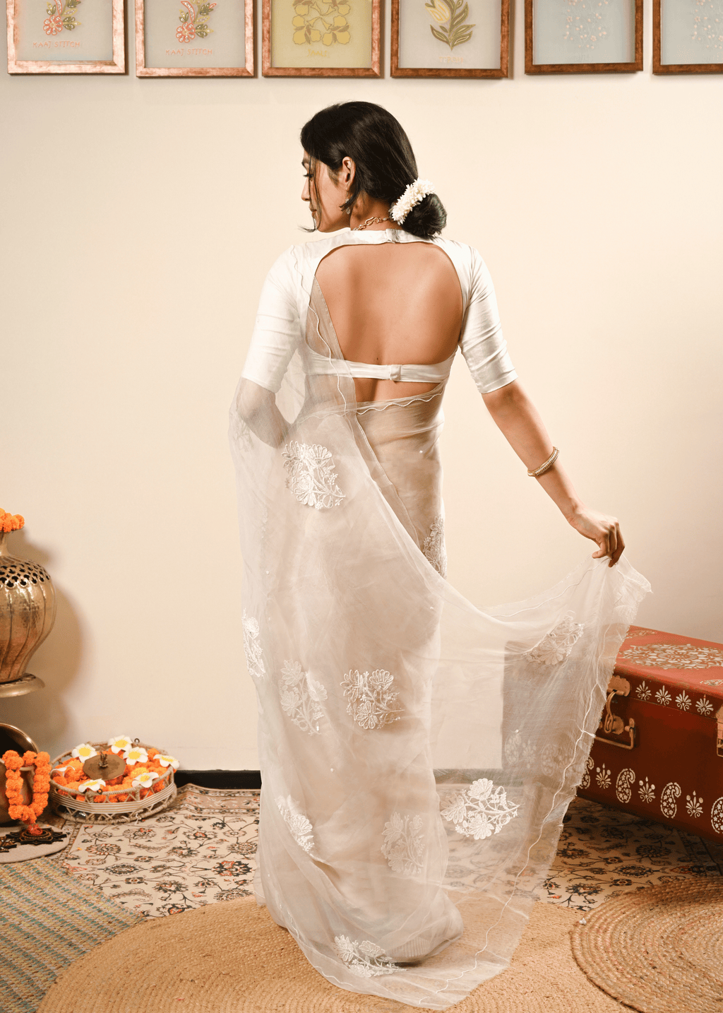 Ivory Organza Chikankari Saree