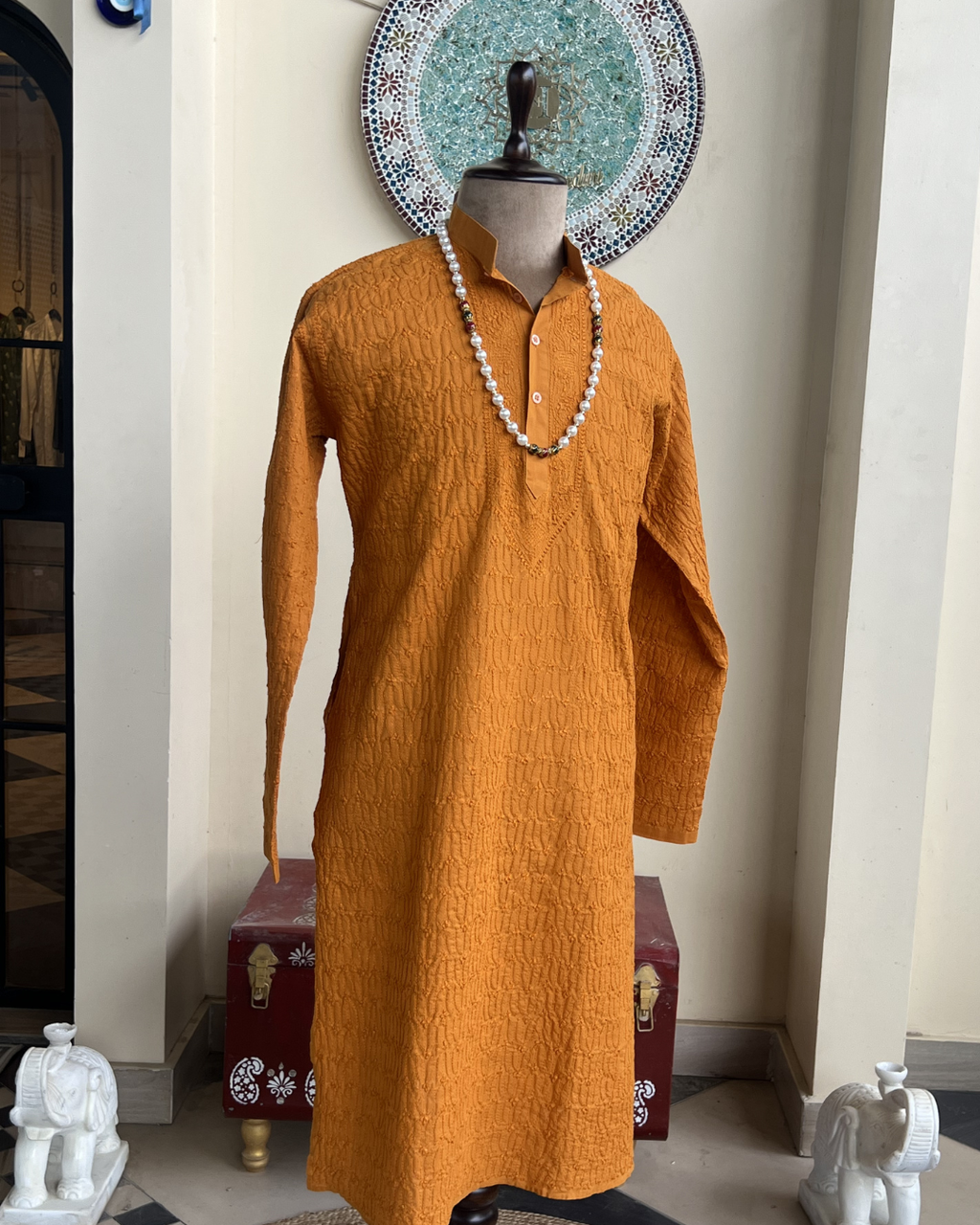Men’s Brown Chikankari Kurta Size 42 – Hand Embroidered Ethnic Kurta | House of Nandini