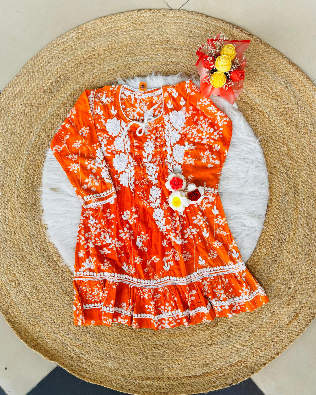 Orange Chikankari Frock for Girls (3-4 Years)