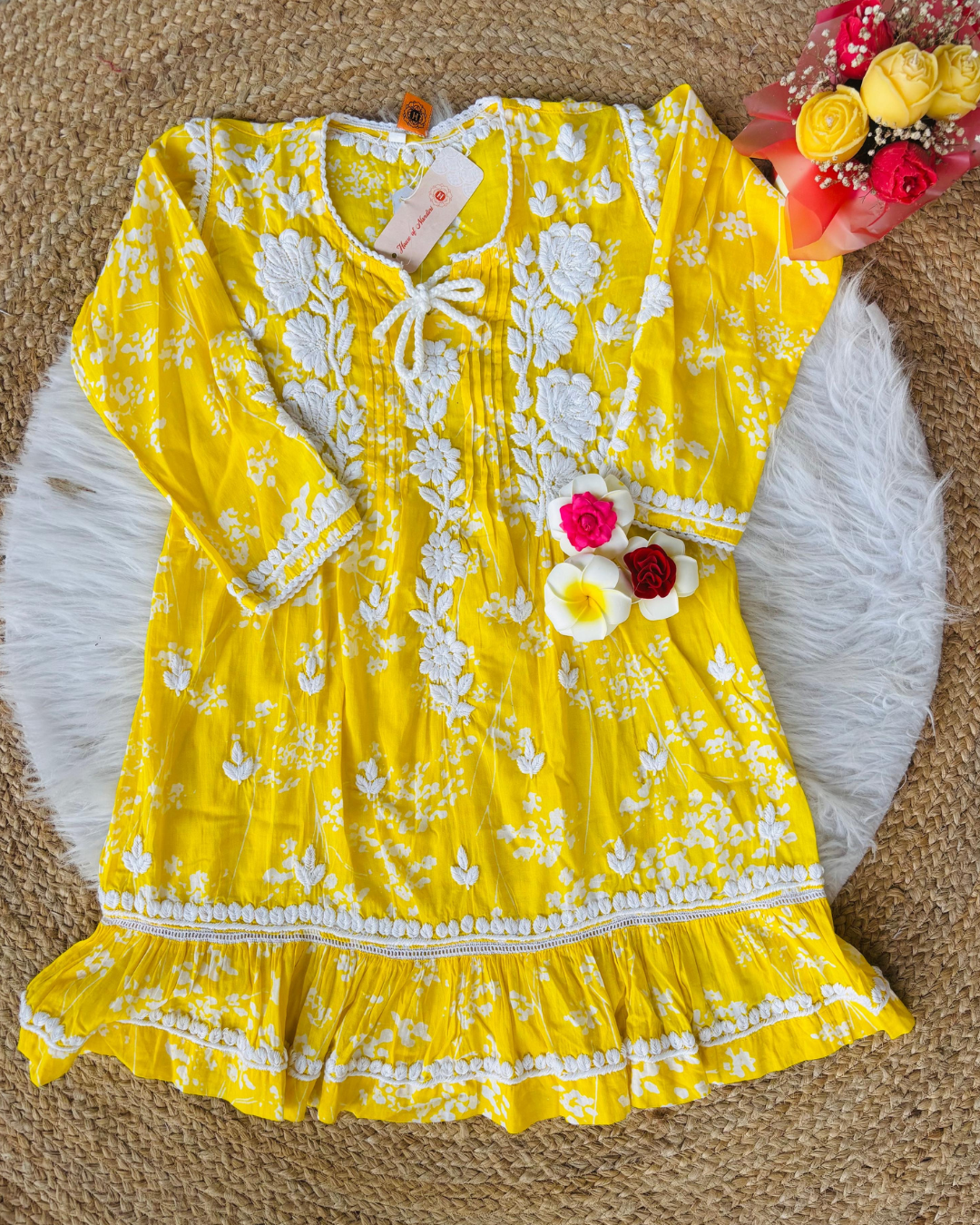 Yellow Chikankari Frock for Girls (8-9 & 10-11 Years)