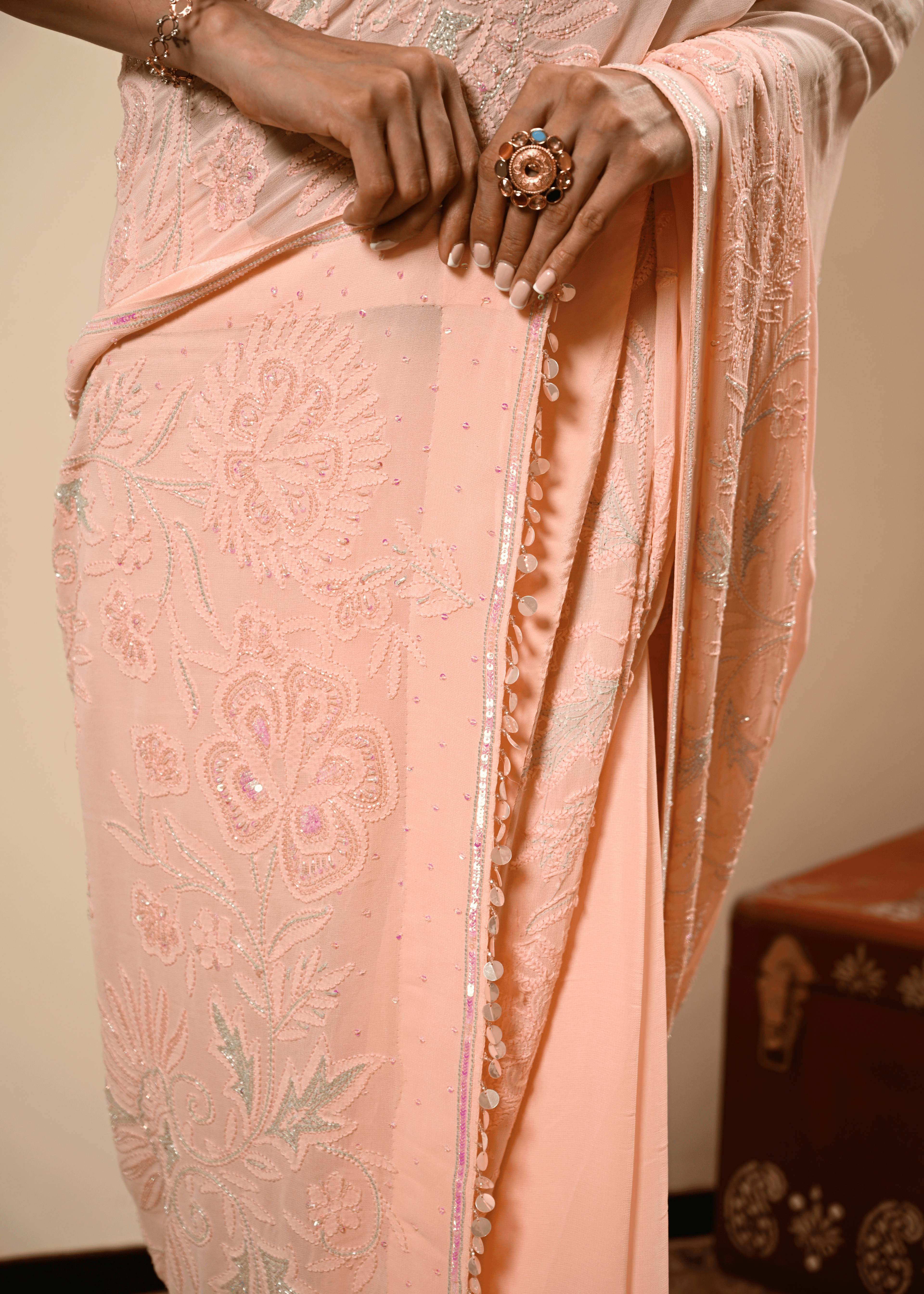 Pastel Hand Embroidered Chikankari Saree | Lucknowi Chikankari