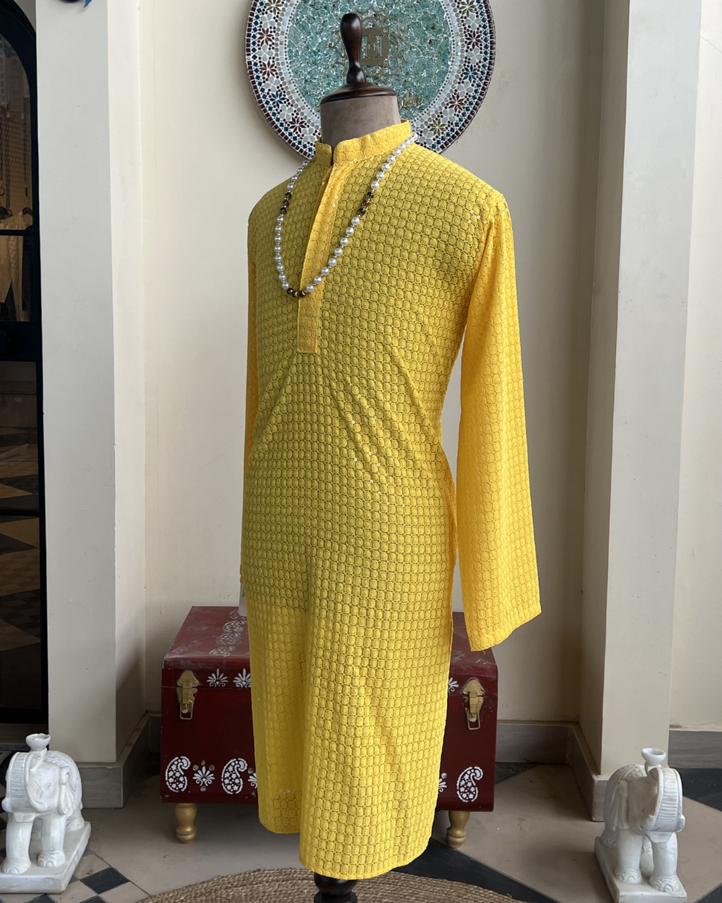 Men’s Yellow Mirror Work Kurta – Handcrafted Ethnic Kurta | Sizes 40-46 | House of Nandini