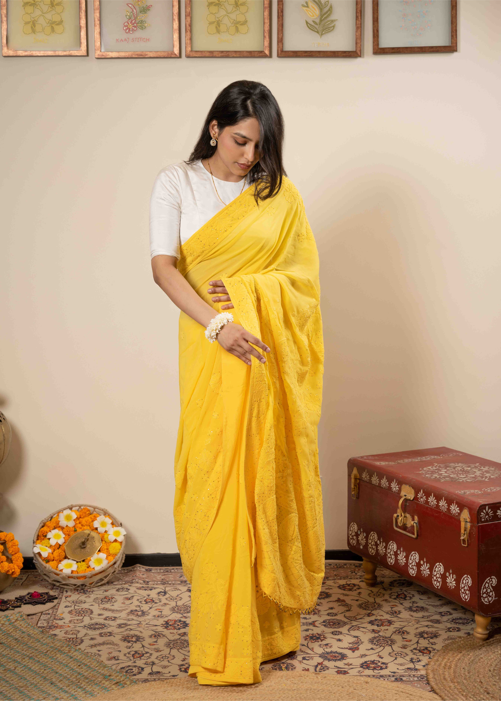 Pure Yellow Georgette saree | Lucknow Chikankari