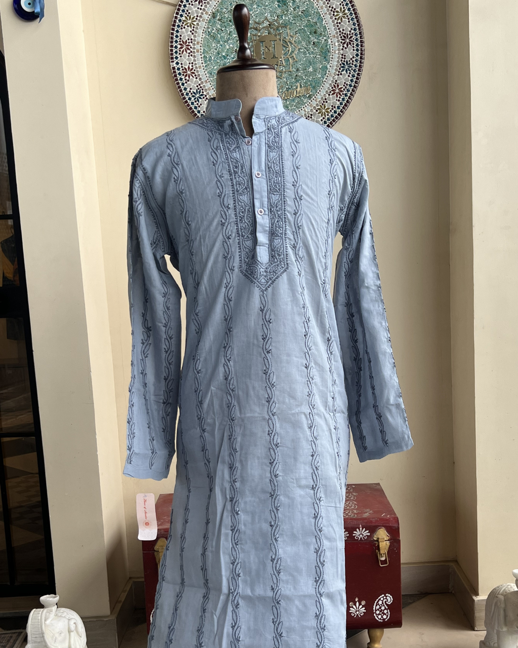 Men’s Grey Chikankari Kurta Size 42 – Hand Embroidered Kurta | House of Nandini