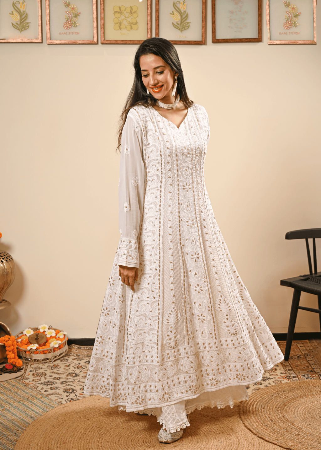 White Chikankari Georgette Anarkali Set