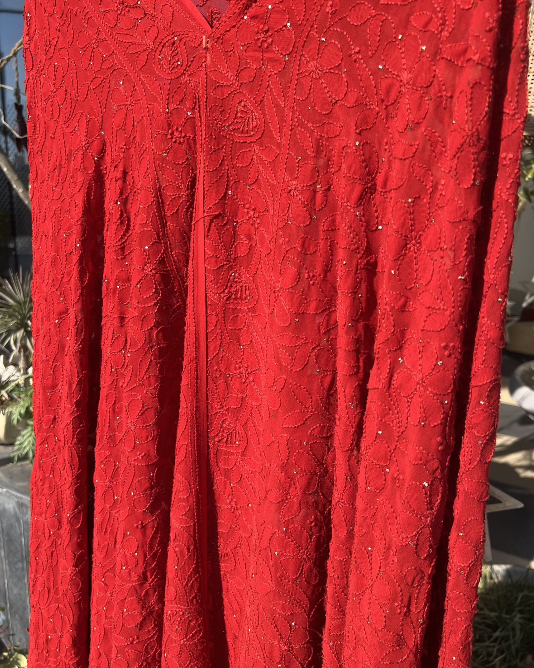 Red Hand Embroidered Chikankari Dupatta