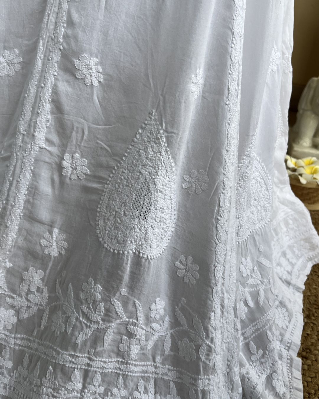 White Semi-Stitched Chikankari Skirt | Free Size | Lucknow Chikankari Gurgaon | Chikankari Studio Gurgaon