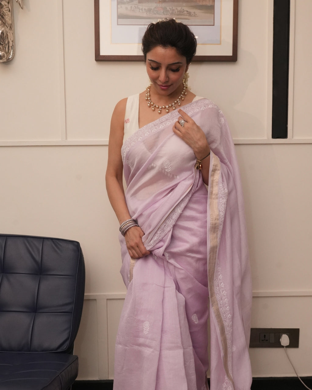 Mauve Chanderi Saree with Blouse – Elegant Handcrafted Chikankari
