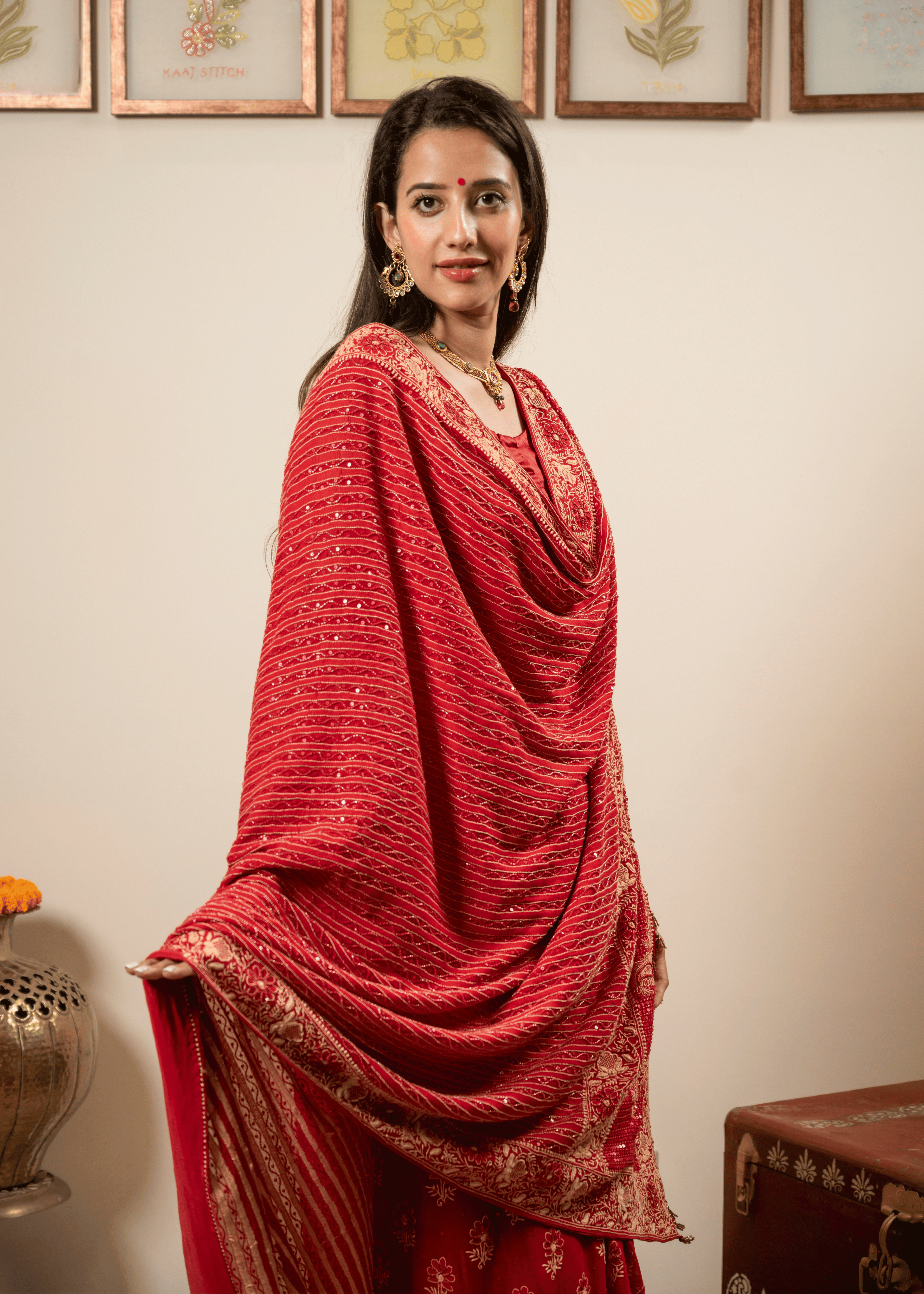 Red Hand Embroidered Saree with Zari & Mukaish Work