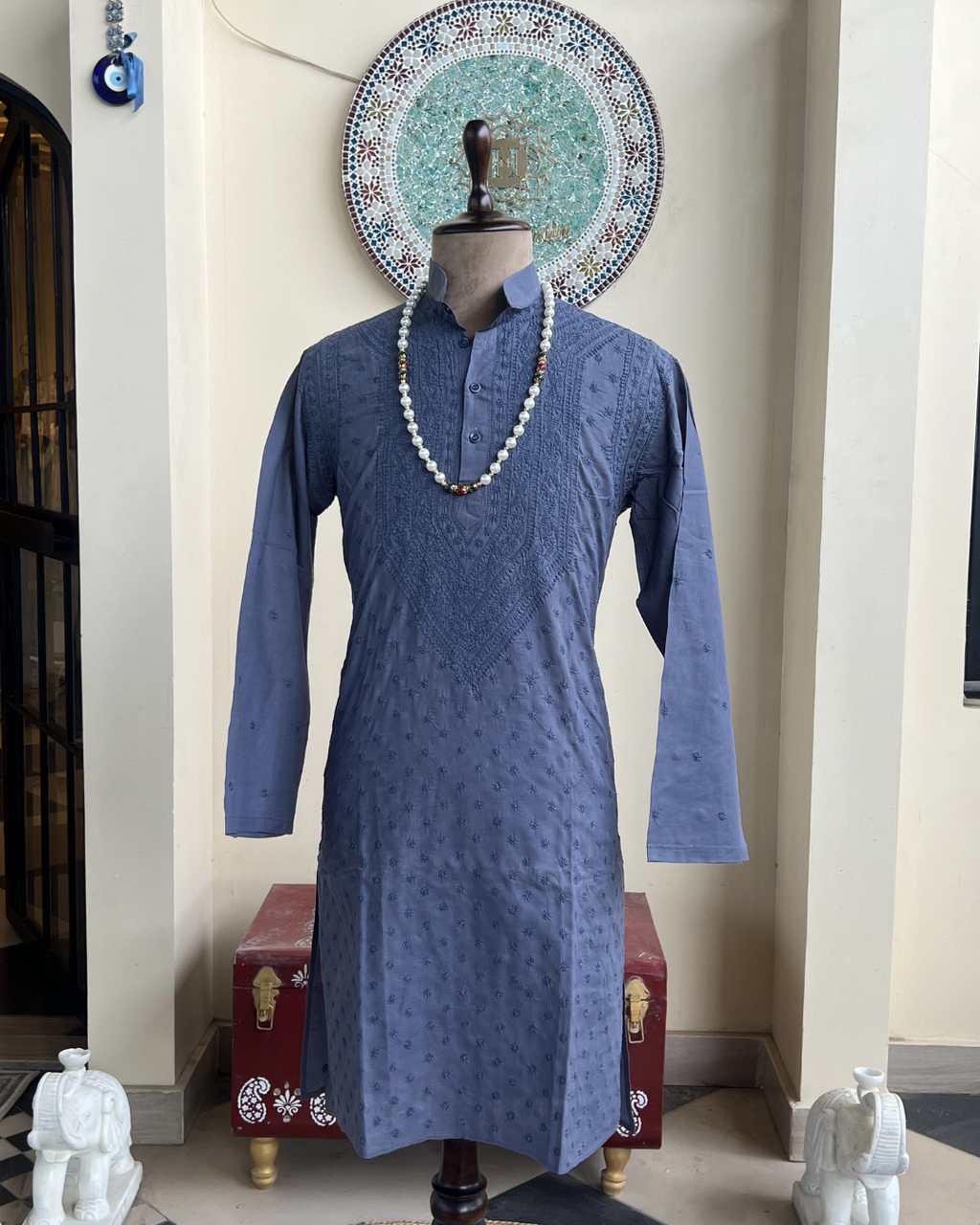 Men’s Dark Blue Chikankari Kurta Size 42 – Same Colour Thread Hand Embroidered Kurta | House of Nandini