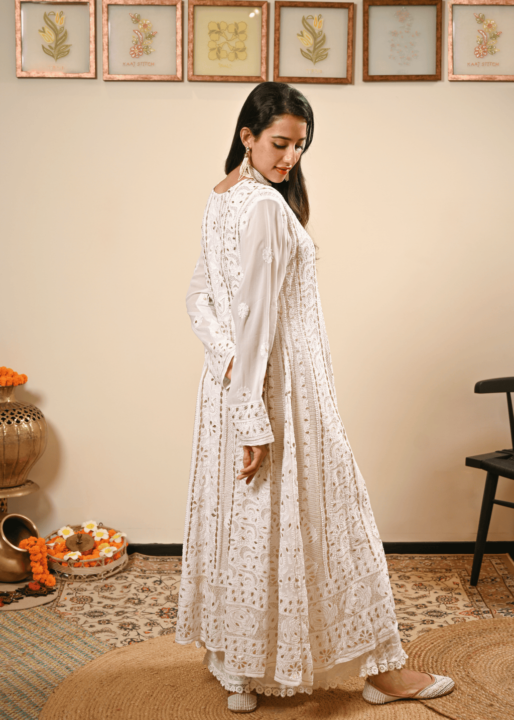 White Chikankari Georgette Anarkali Set