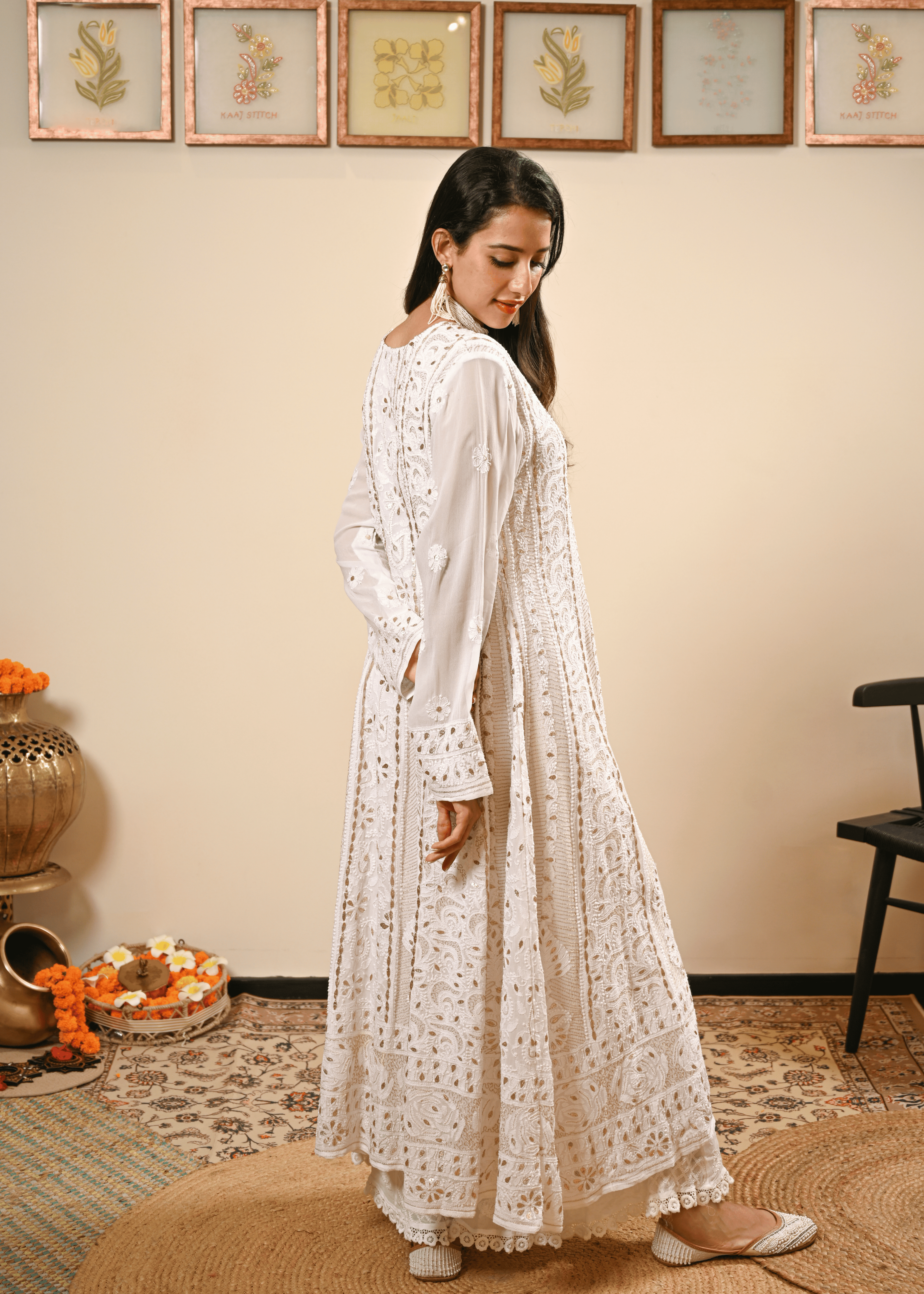 White Chikankari Georgette Anarkali Set