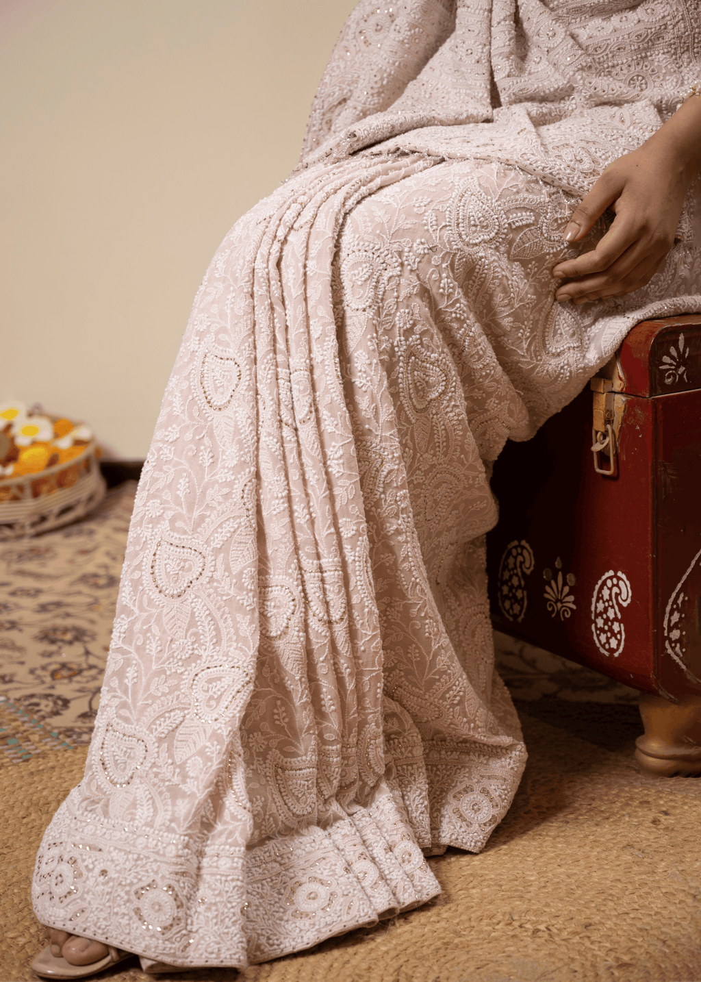 Blush Pink Hand Embroidered Chikankari Saree | Lucknowi Chikankari Saree