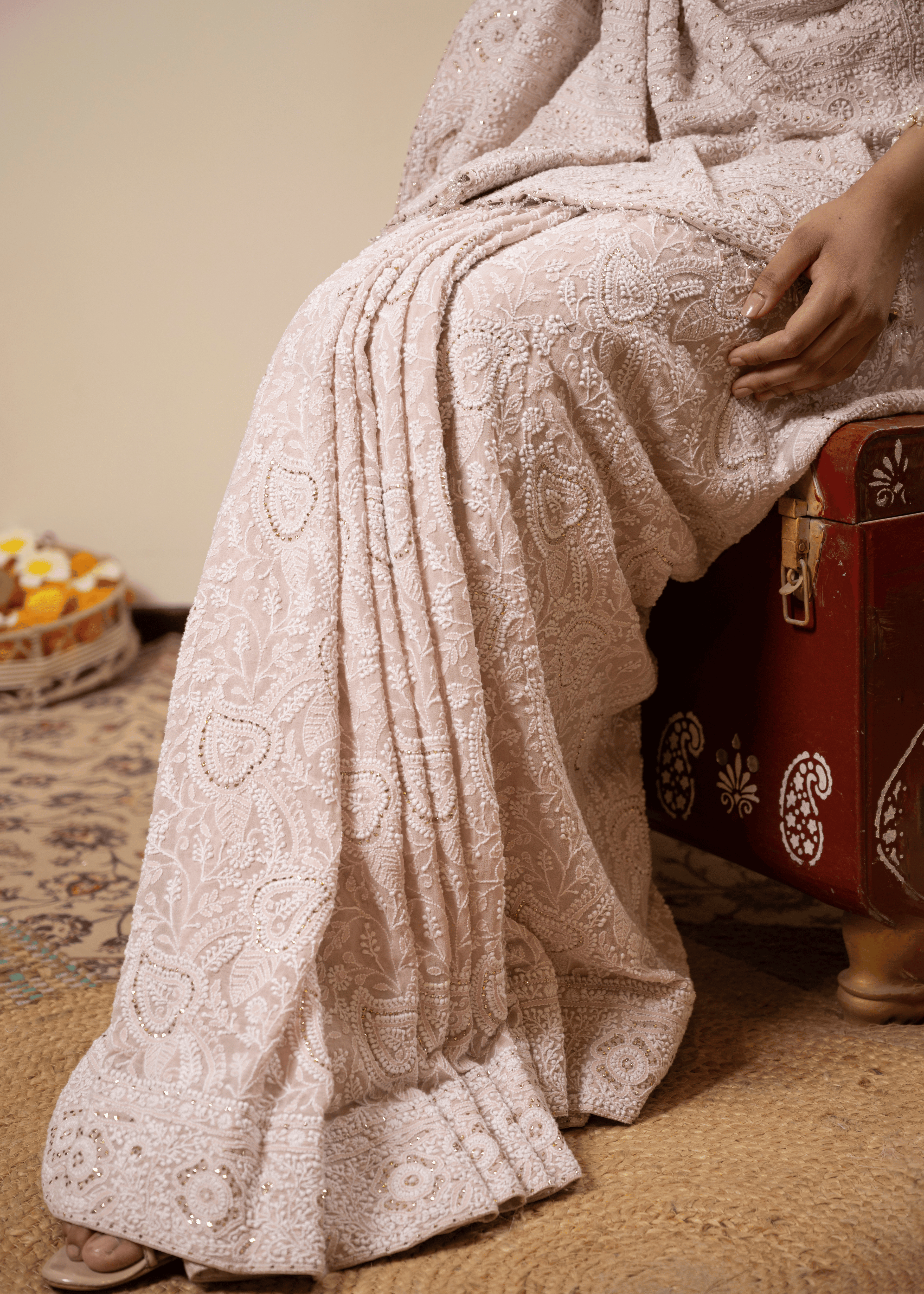 Blush Pink Hand Embroidered Chikankari Saree | Lucknowi Chikankari Saree