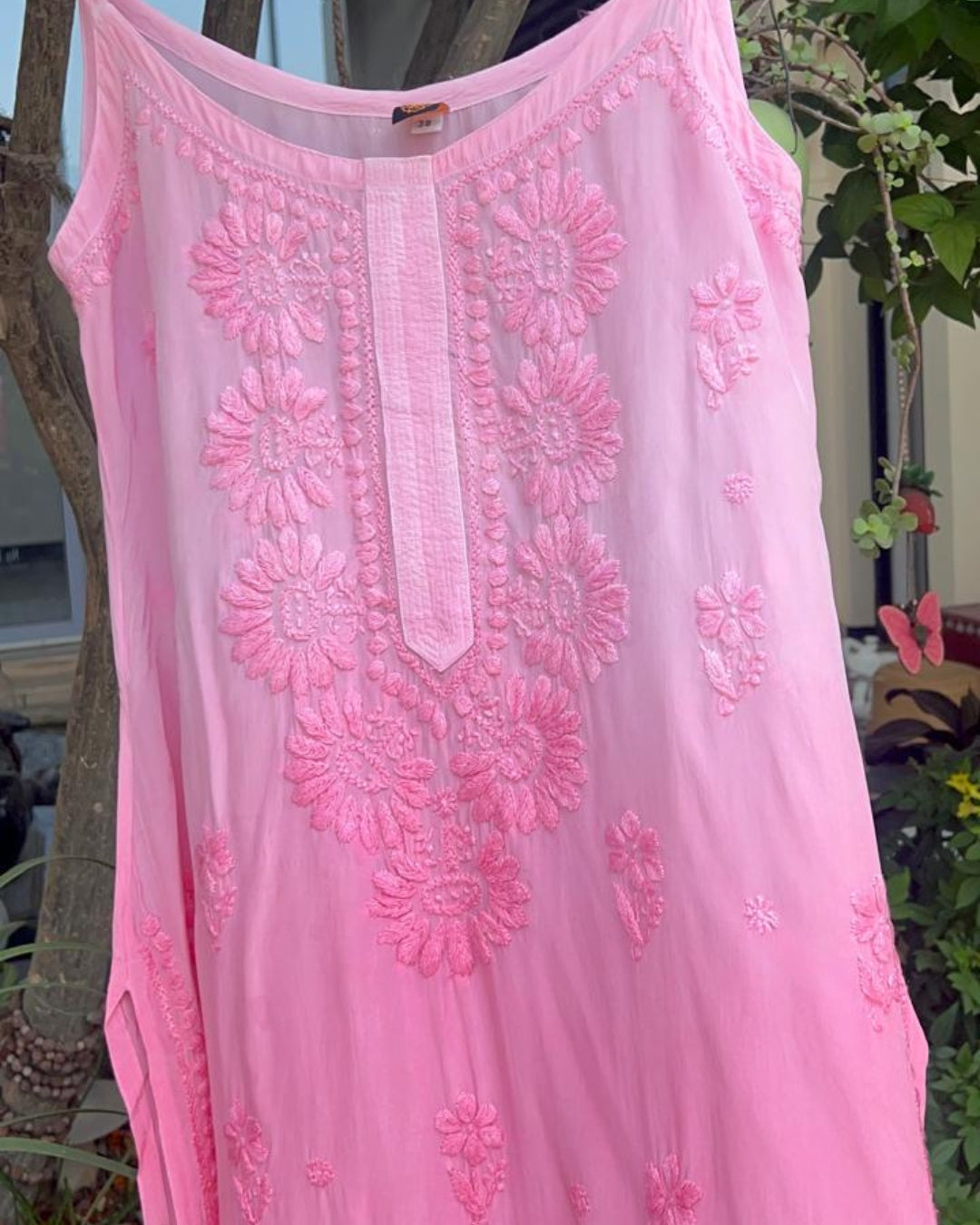 Long Sleeveless Muslin Chikankari Kurti | Hand Embroidered Kurti Collection | Lucknow Chikankari Gurgaon