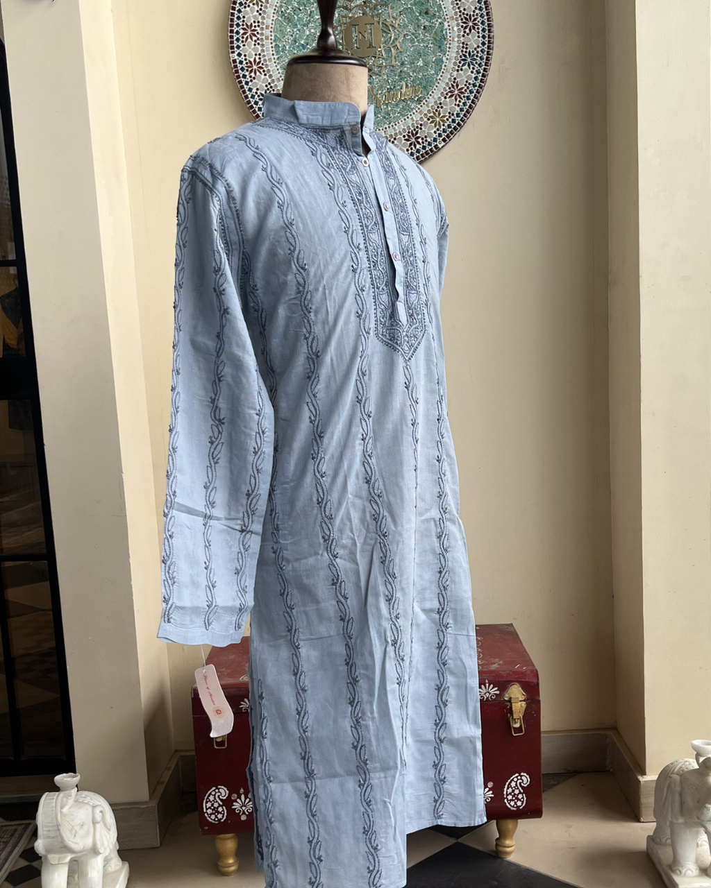 Men’s Grey Chikankari Kurta Size 42 – Hand Embroidered Kurta | House of Nandini