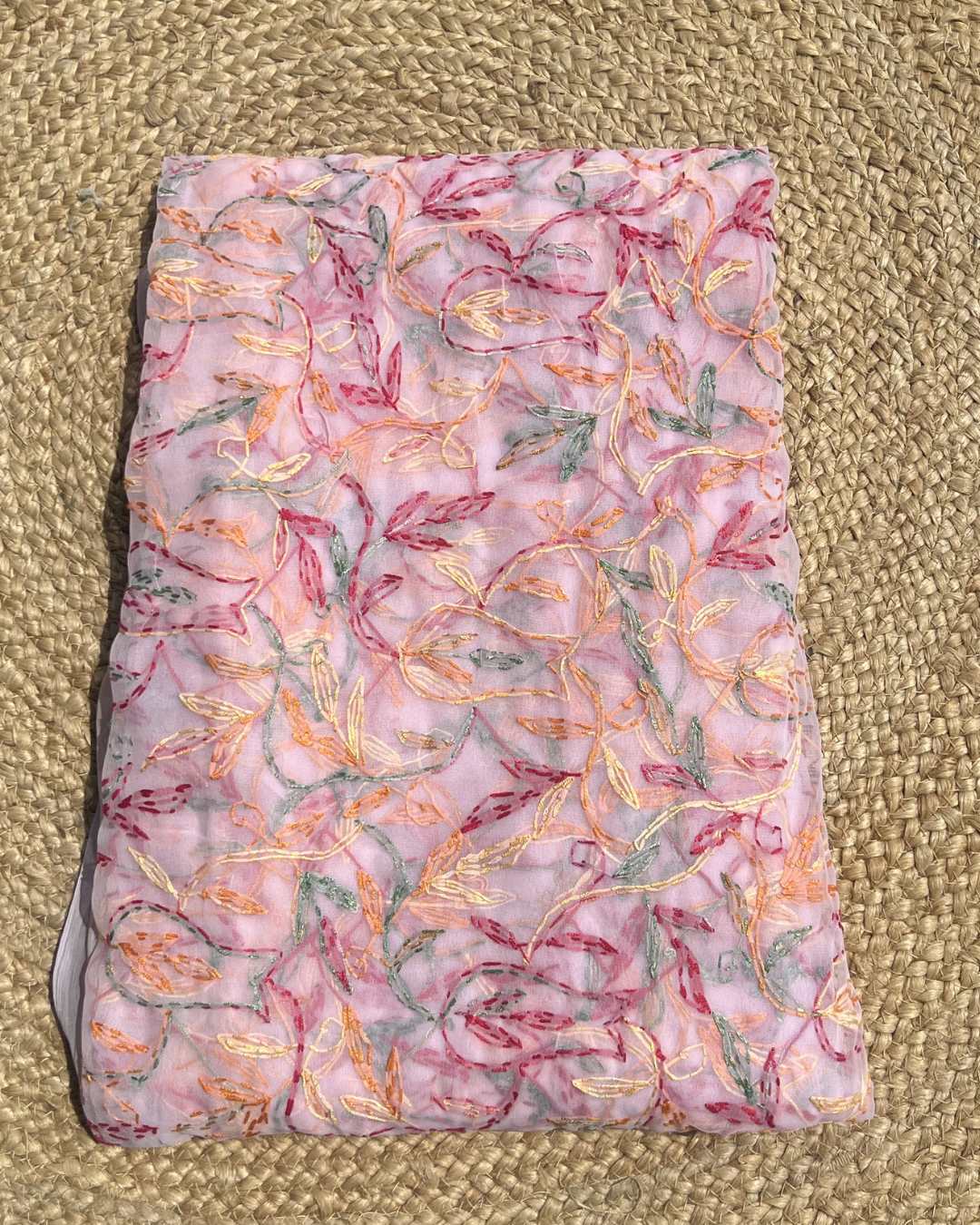 Pink Tepchi Embroidered Chikankari Saree with Multicolor Floral Threadwork | Handcrafted Lucknowi Elegance