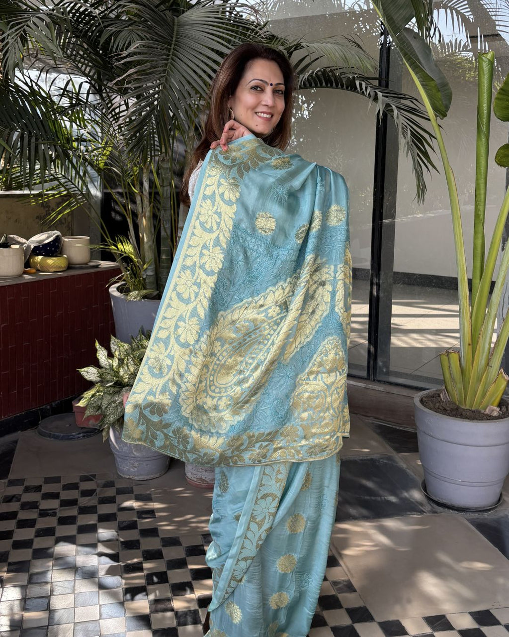turquoise Chikankari Saree with Blouse | Lucknow Chikankari Gurgaon