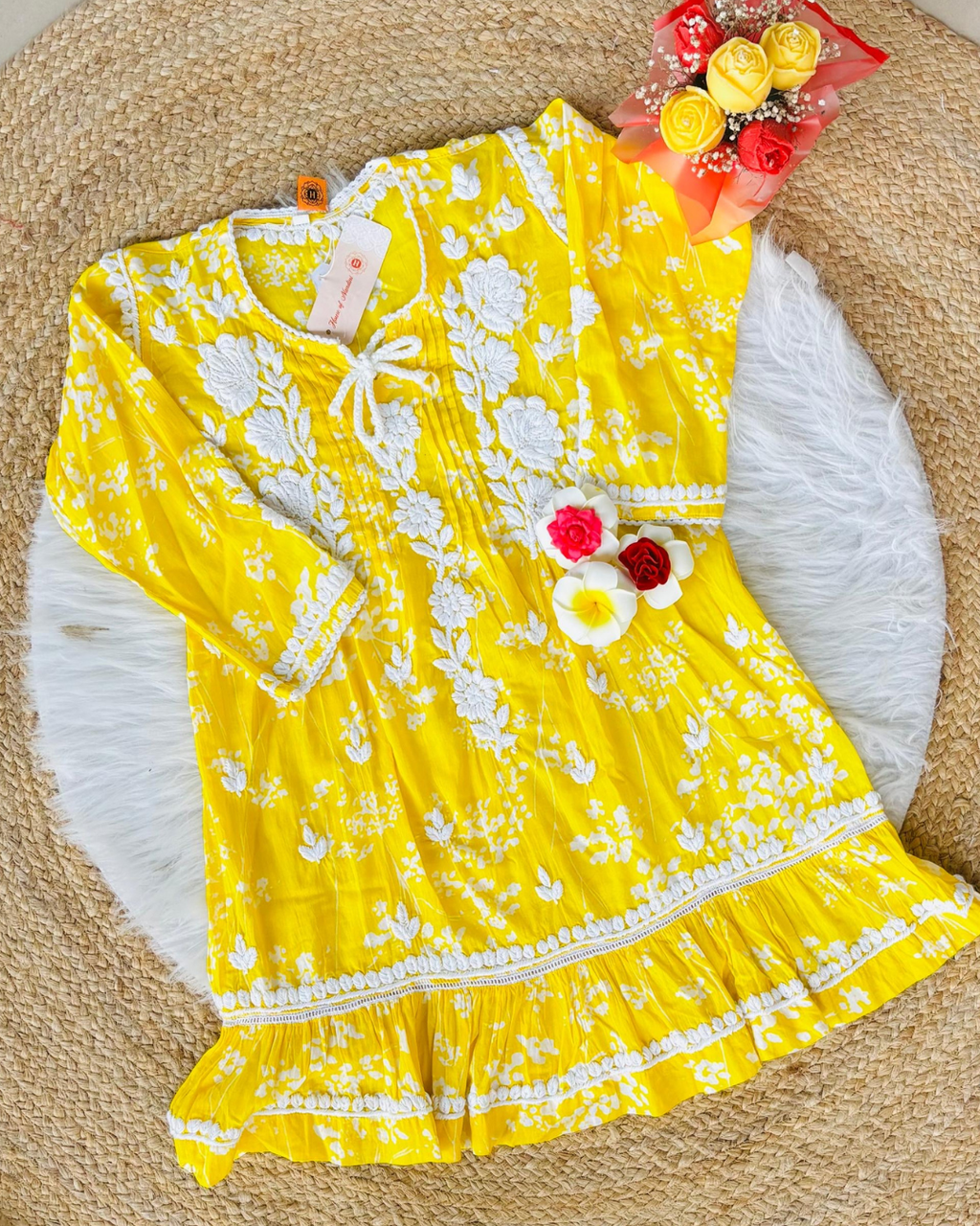 Yellow Chikankari Frock for Girls (8-9 & 10-11 Years)