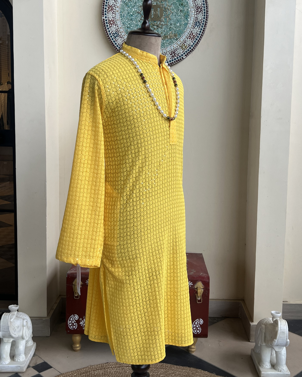 Men’s Yellow Mirror Work Kurta – Handcrafted Ethnic Kurta | Sizes 40-46 | House of Nandini