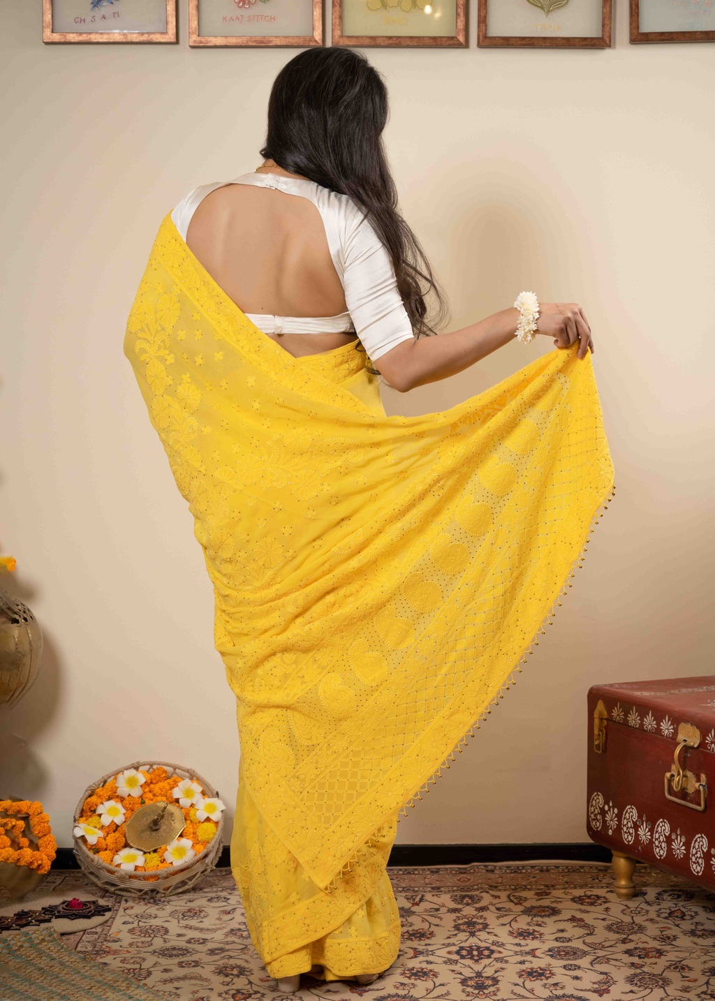 Pure Yellow Georgette saree | Lucknow Chikankari