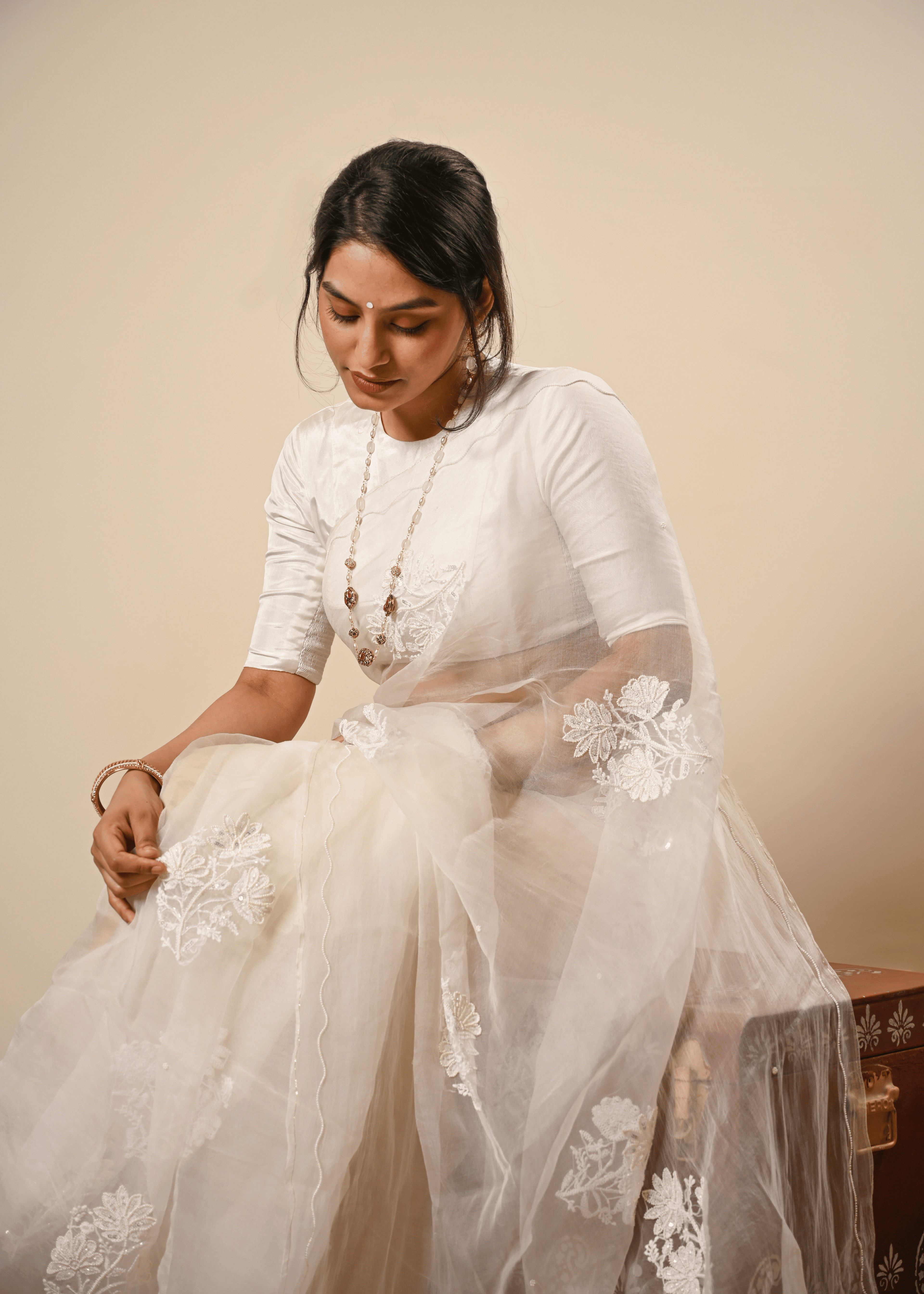 Ivory Organza Chikankari Saree