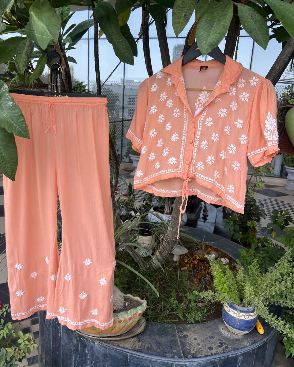 Peach Handcrafted Chikankari Top & Palazzo Set | Size 34 (10–12 Years) | Lucknow Chikankari Gurgaon