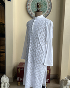 Men’s White Chikankari Kurta – Front Embroidered Handcrafted Kurta | House of Nandini