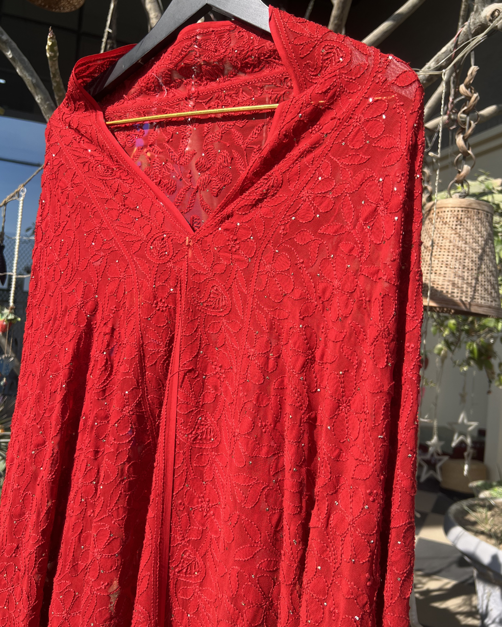 Red Hand Embroidered Chikankari Dupatta