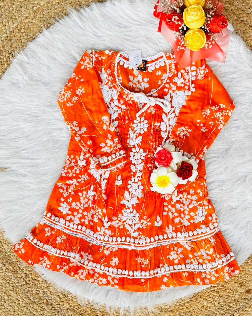 Orange Chikankari Frock for Girls (3-4 Years)
