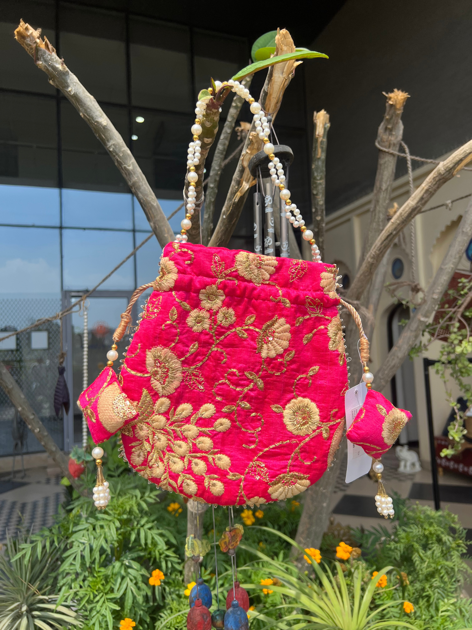 Rose Hand-Embroidered Chikankari Potli with Antique Gold Floral Detail