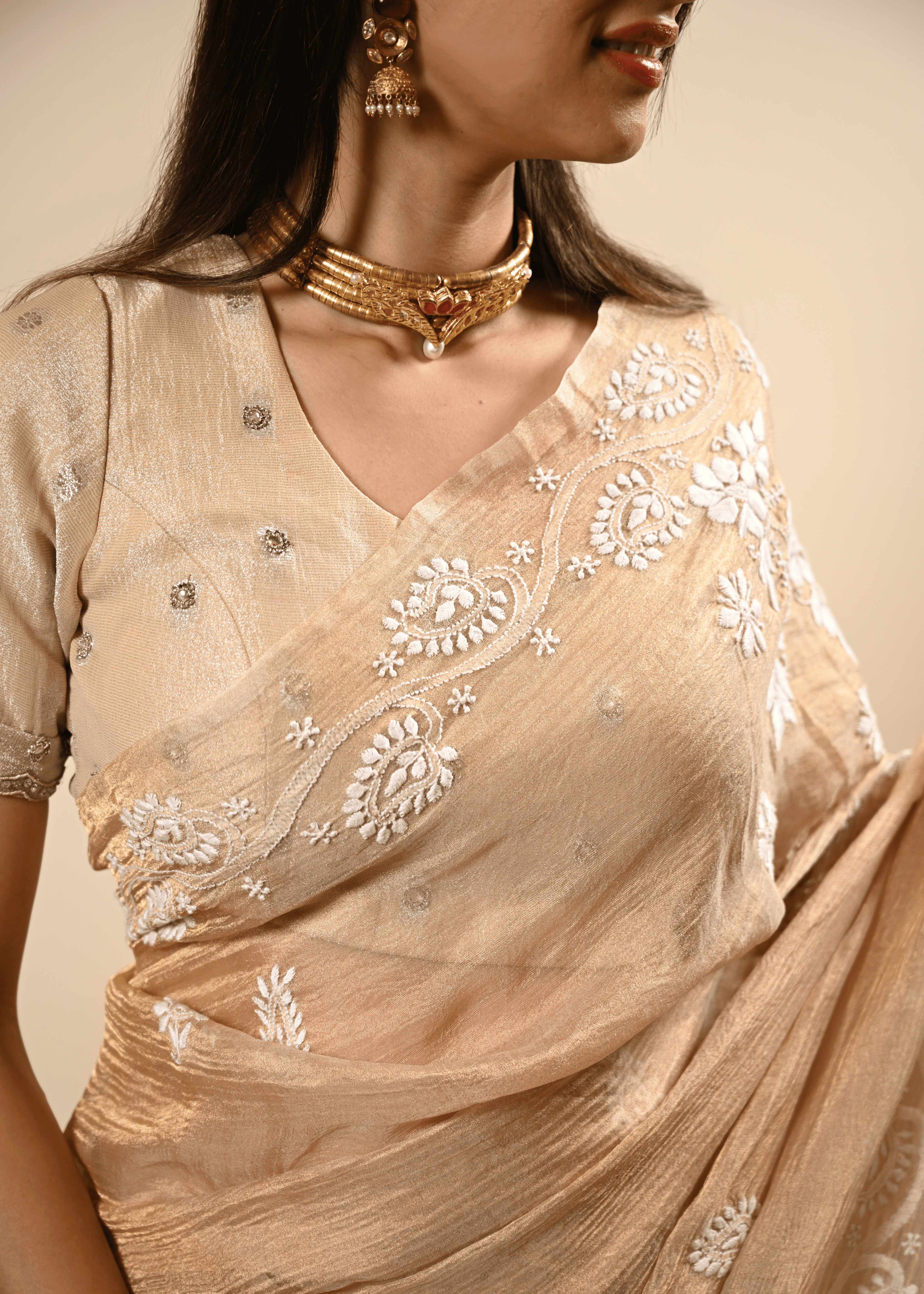 Golden Tissue Hand Embroidered Chikankari Saree