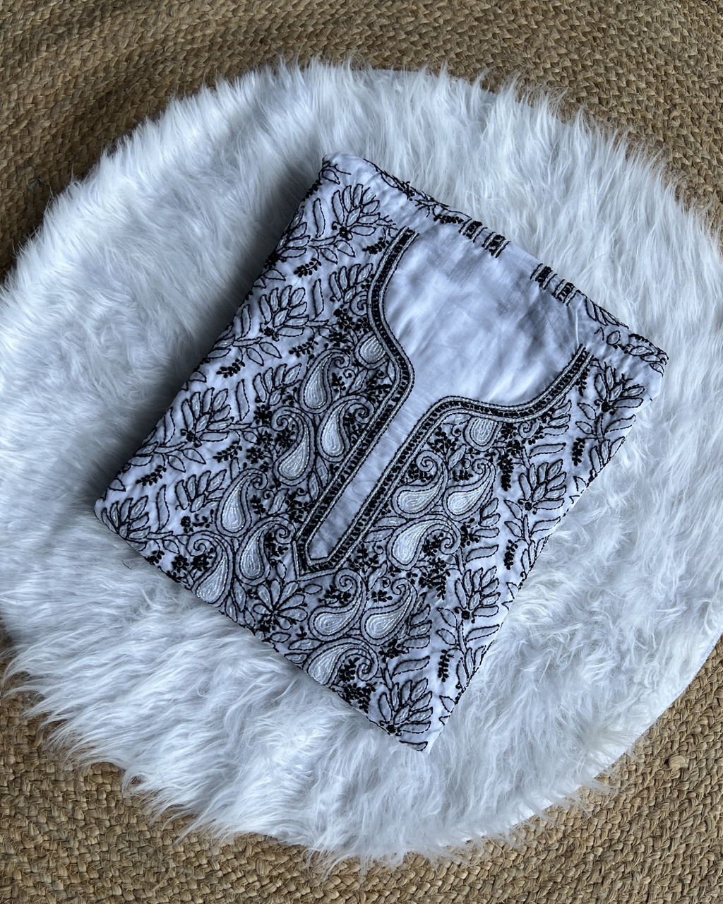 Black & White Chikankari Unstitched Suit Set with Dupatta – Elegant & Timeless Ethnic Wear