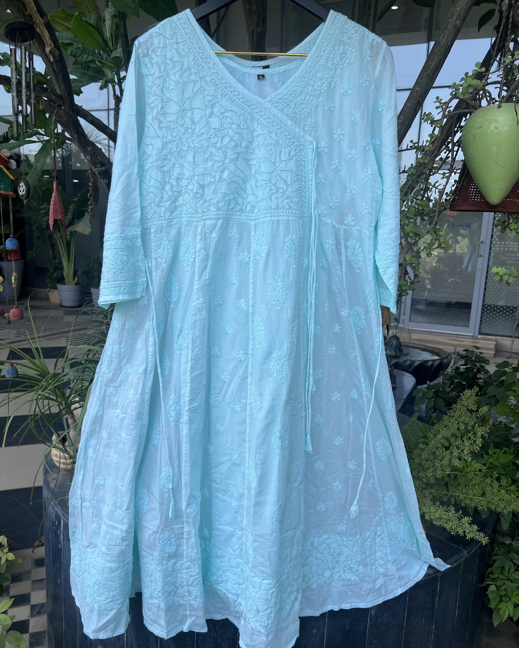 Pink Cotton Angrakha Chikankari Anarkali Kurti