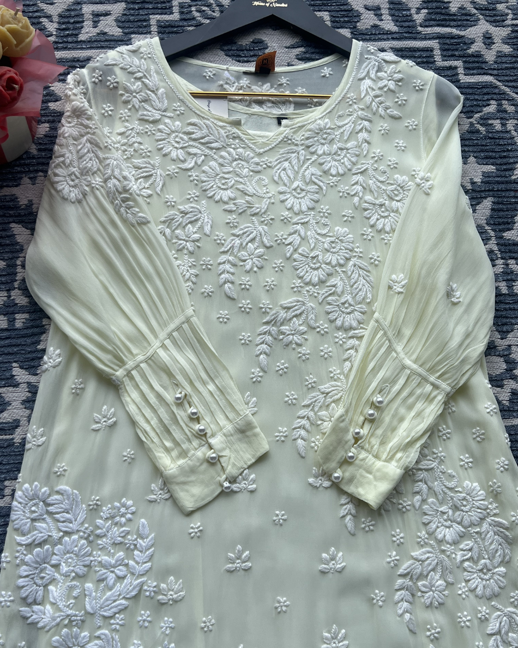 Butter Yellow Chikankari Kurti with White Floral Embroidery