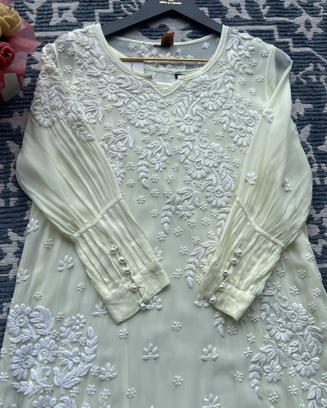 Butter Yellow Chikankari Kurti with White Floral Embroidery