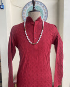 Men’s Red Chikankari Kurta Size 44 – Tone-on-Tone Hand Embroidered Ethnic Kurta | House of Nandini