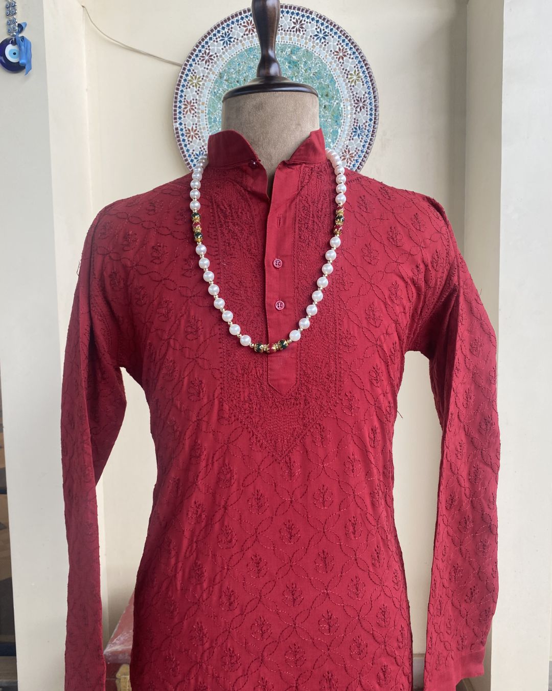 Men’s Red Chikankari Kurta Size 44 – Tone-on-Tone Hand Embroidered Ethnic Kurta | House of Nandini
