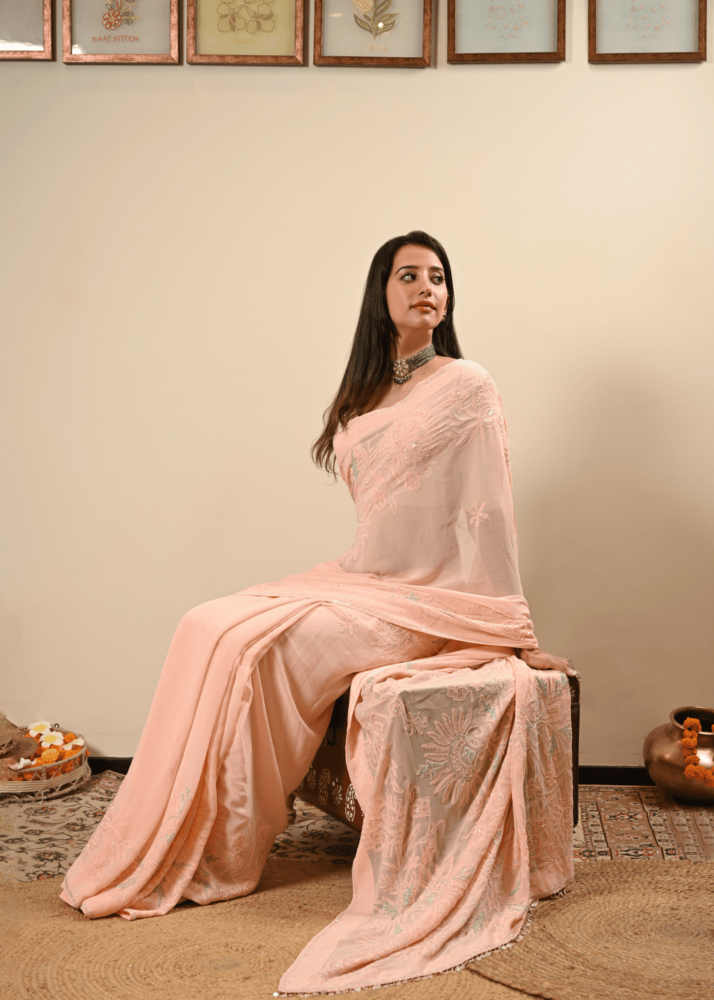 Pastel Hand Embroidered Chikankari Saree | Lucknowi Chikankari