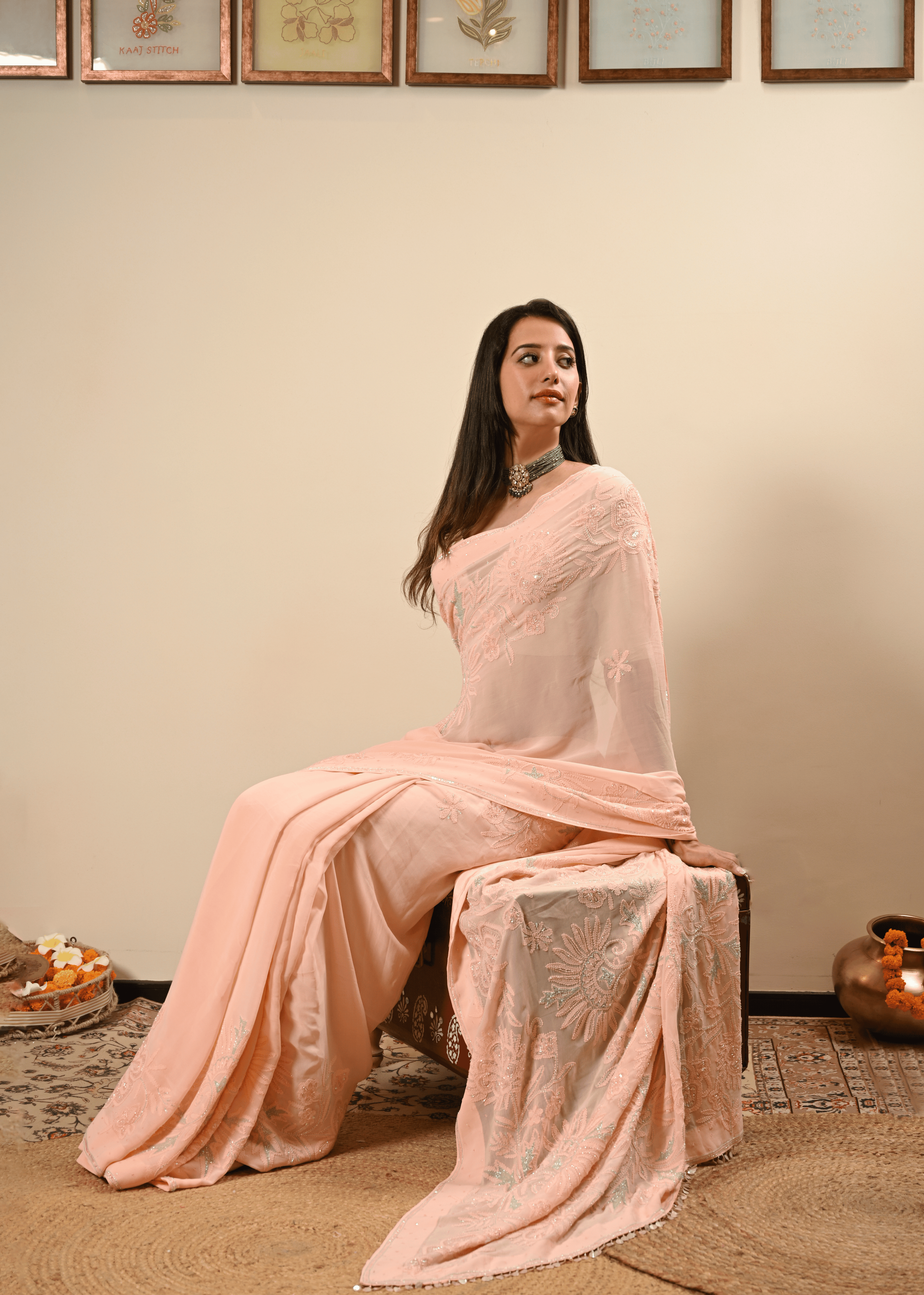 Pastel Hand Embroidered Chikankari Saree | Lucknowi Chikankari