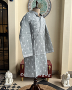 Men’s Grey Chikankari Kurta – Hand Embroidered Single Colour Cotton Kurta | House of Nandini