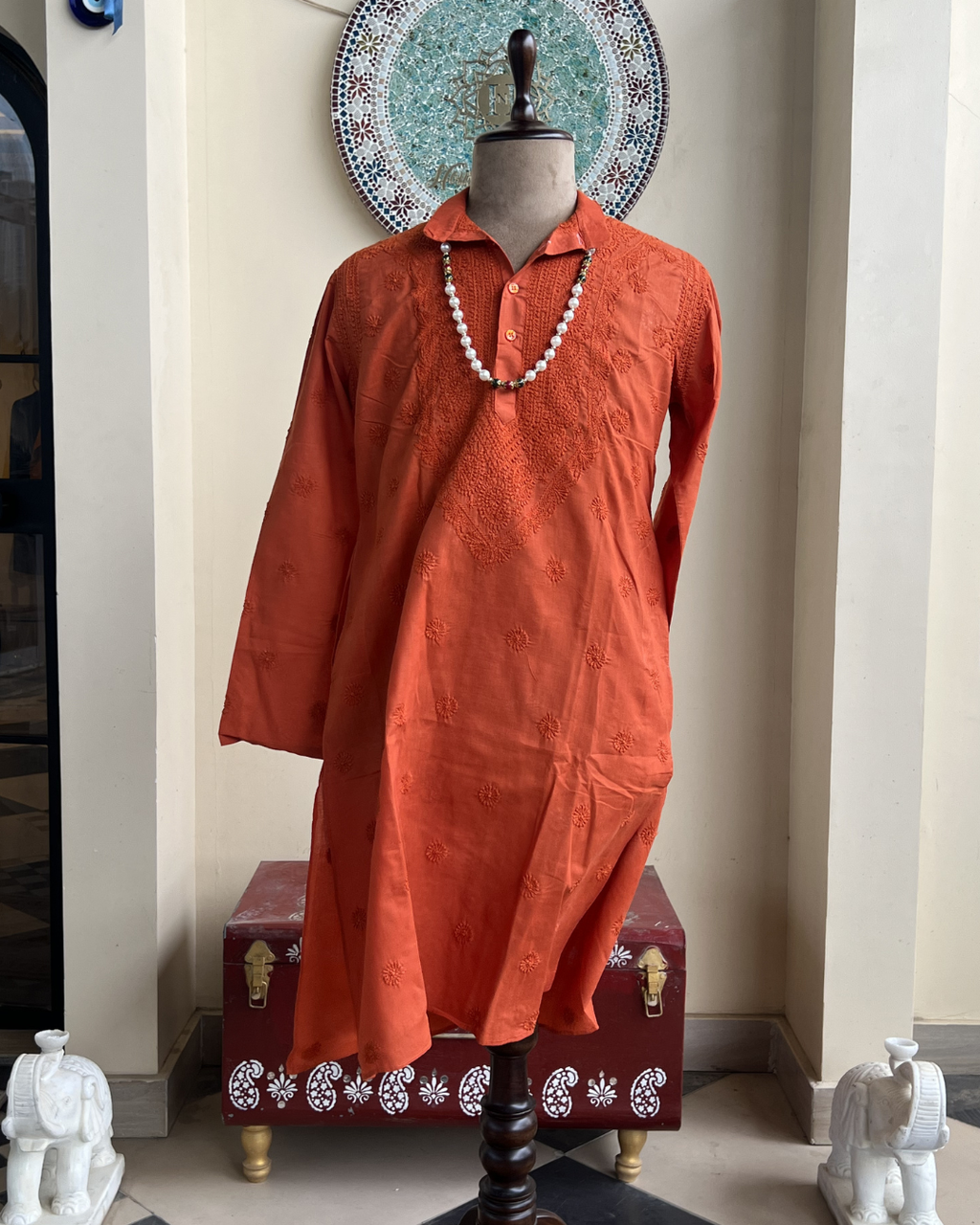 Men’s Orange Chikankari Kurta Size 40 – Tone-on-Tone Hand Embroidered Kurta | House of Nandini