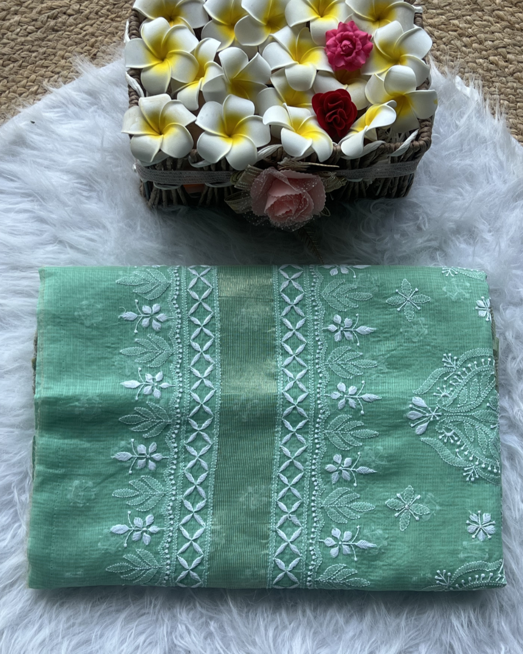 Green Cotton Chikankari Saree with Blouse | Lucknow Chikankari more saree in this