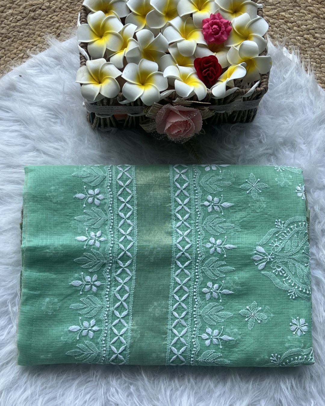 Green Cotton Chikankari Saree with Blouse | Lucknow Chikankari more saree in this