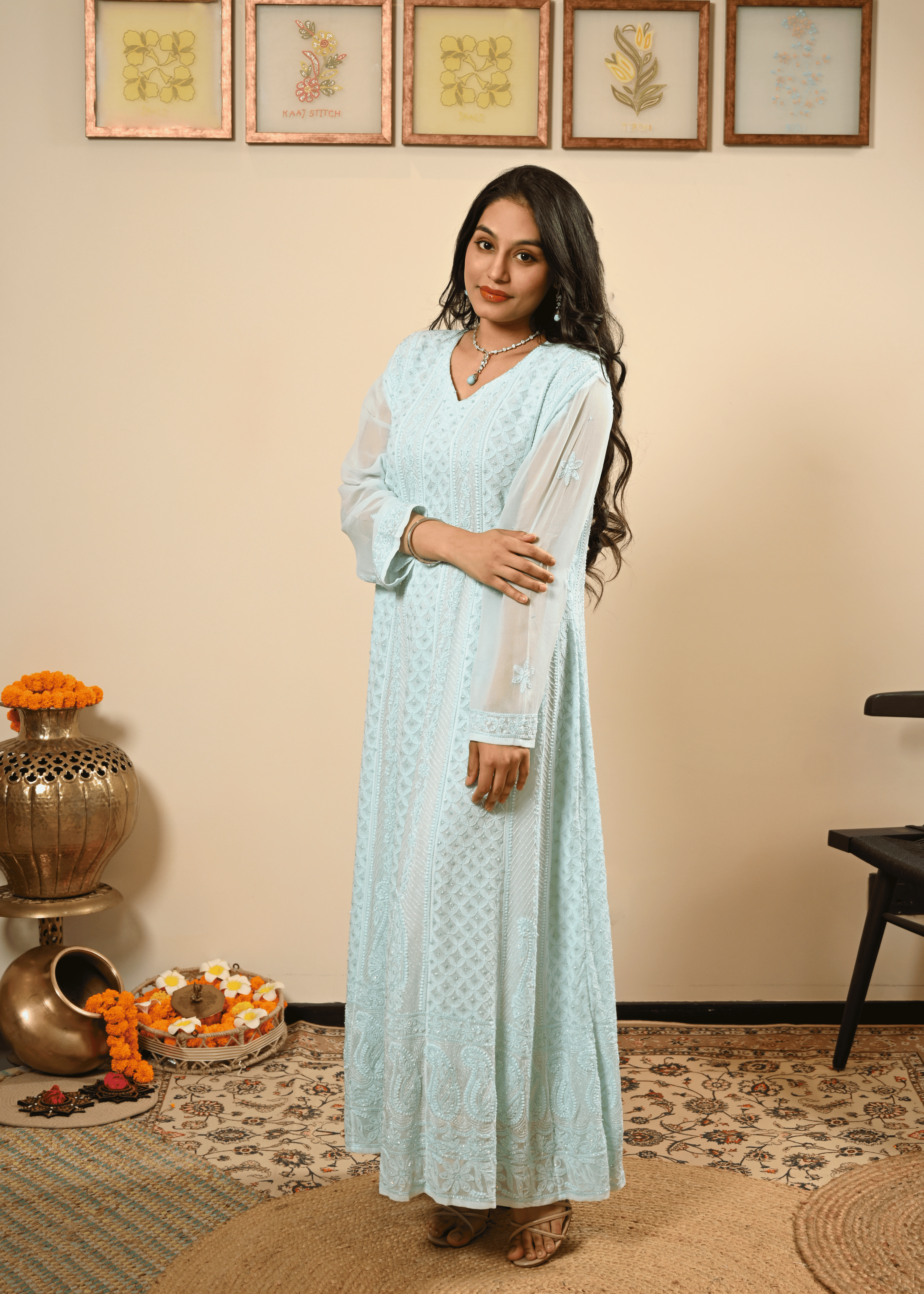 Embroidered Chikankari Anarkali Set with Dupatta | Lucknowi Chikankari