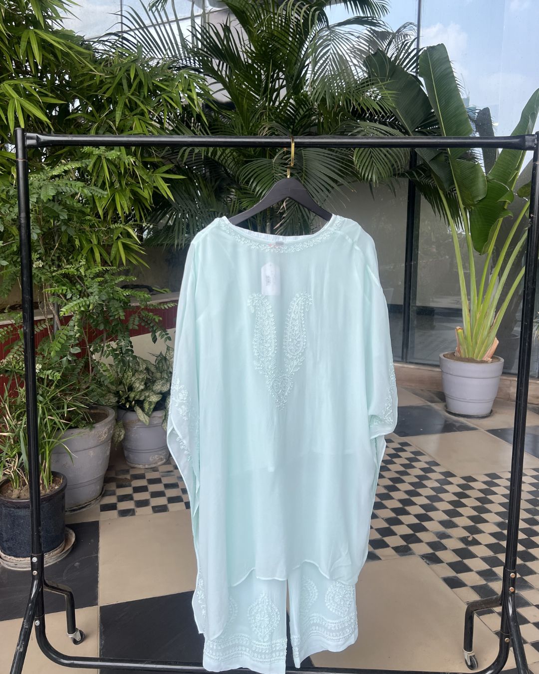 Light Blue Georgette Kaftan Set with Pant & Slip