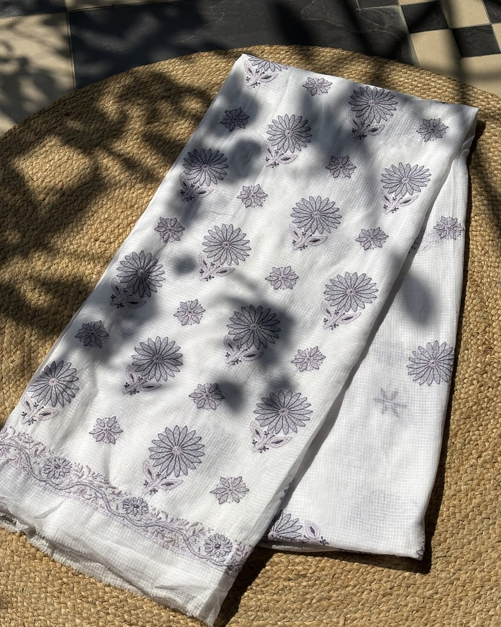 White Purple Chikankari Kota Saree with Blouse | Chikankari Sarees Gurgaon